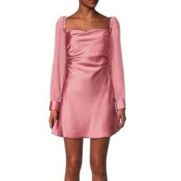 WEWOREWHAT Satin Silky Cowl Square Neck Cuffed Sleeves Mauve Mini Dress Size 2 - Picture 1 of 12